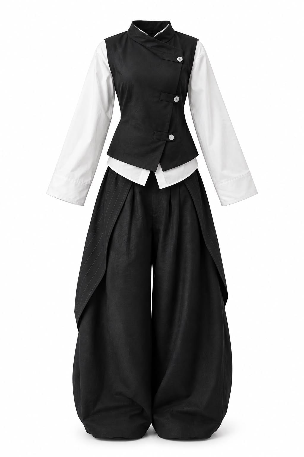 [Coming soon] Sumi Set: 3-Piece Wrap Vest, Shirt & Pinstripe Barrel Pants