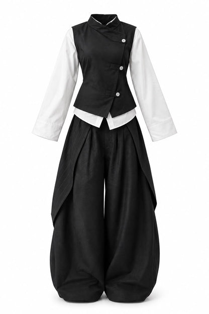 [Coming soon] Sumi Set: 3-Piece Wrap Vest, Shirt & Pinstripe Barrel Pants